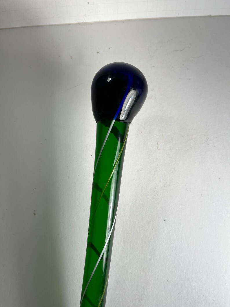 Glass Walking Stick Green With White Stripes & Blue Handle 36l 1 Dia