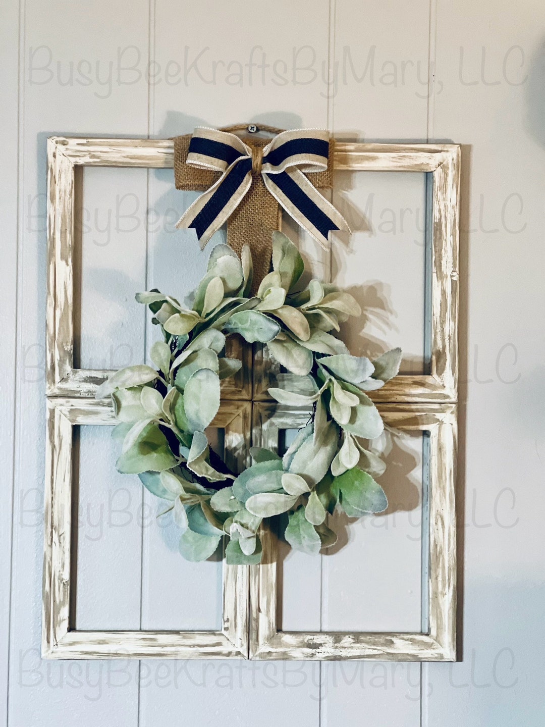 Farmhouse Wooden Frame Decor With Wreath, Antiqued Window Frame