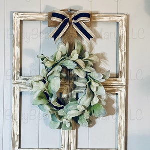 Farmhouse wooden frame decor with wreath, antiqued window frame, distressed window frame, farmhouse wall decor