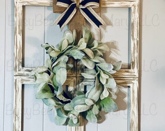 Farmhouse wooden frame decor with wreath, antiqued window frame, distressed window frame, farmhouse wall decor