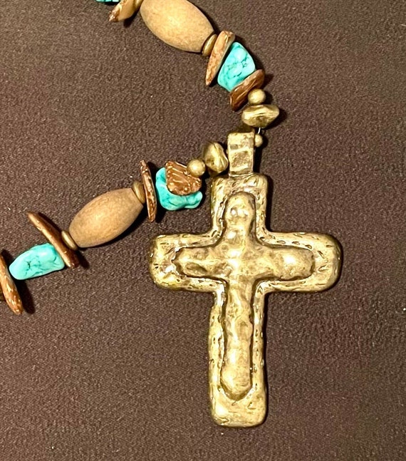OVER SIZED Chunky Cross Necklace Large Turquoise and Wooden Beads