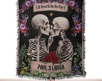 Skeleton Lovers Till Death Personalized Blanket: Custom Wedding Anniversary Gift for Goths