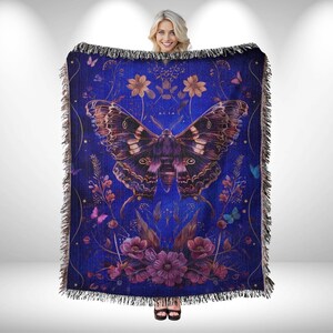 Celestial Moth Woven Blanket: Floral Tapestry, Dark Academia Decor