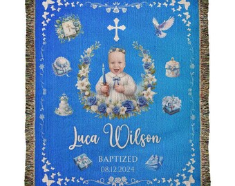 Custom Baptism Blanket for Boy – Personalized Christian Baby Gift, Woven Cotton Christening Keepsake
