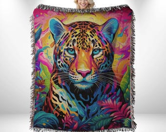 Tiger Woven Blanket: Modern Tapestry, Contemporary Boho Jungle Decor, Cozy Colorful Sofa Bed Cover
