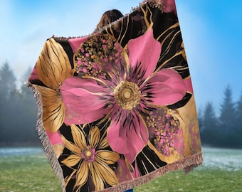Pink & Gold Boho Floral Throw Blanket – Woven Cotton Sofa Cover