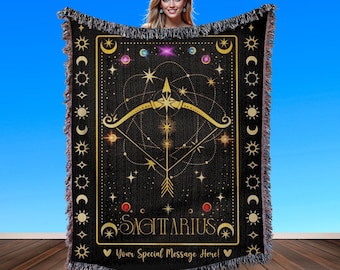 Sagittarius Zodiac Personalized Birthday Gift Blanket: Astrology Decor Woven Throw, Celestial Tapestry