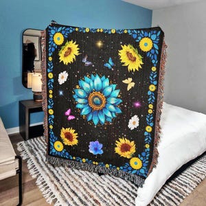 Sunflower Woven Throw Blanket: 100% Cotton Floral Tapestry