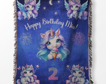 Personalized Unicorn Birthday Woven Blanket – Custom Name Gift
