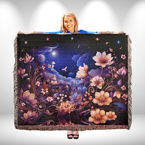 Mystical Moonlit Flowers Throw Blanket: 100% Cotton Jacquard Tapestry