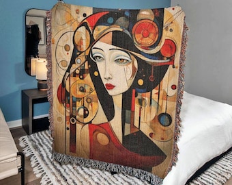 Picasso Style Abstract Woman Cotton Blanket: Cubist Woman Art, Modern Boho Decor