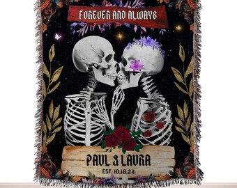 Personalized Skeleton Couple Woven Throw Blanket, Gothic Wedding Anniversary Gift