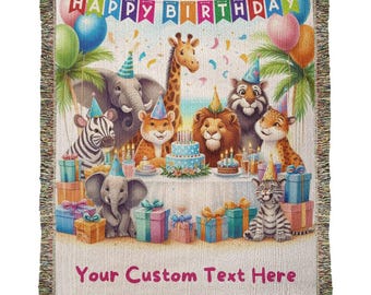 Personalized Safari Animals Birthday Blanket – 100% Cotton Woven Keepsake