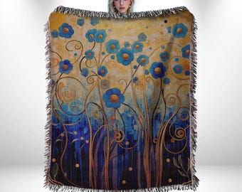 Klimt Flowers Woven Cotton Blanket: Floral Art Wall Hanging Tapestry, Cozy Home Decor