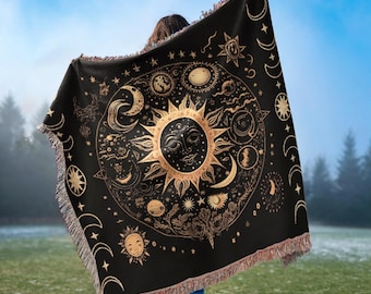 Boho Sun Moon Personalized Blanket, Mystic Celestial Woven Throw, Astrology Home Decor