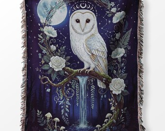 Mystical Owl Moon Floral Woven Blanket – Cottagecore Botanical Throw, Dark Academia Decor