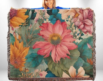 Boho Floral Woven Blanket – 100% Cotton Botanical Throw