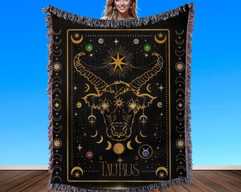 Taurus Zodiac Woven Throw Blanket – Astrology Tapestry, Modern Boho Home Decor, Celestial Birthday Gift