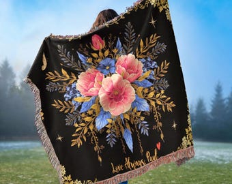 Custom Boho Floral Woven Throw Blanket – Personalized Cozy Bohemian Home Decor