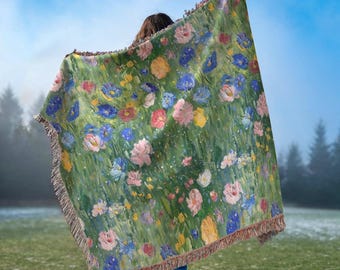 Monet Flowers Woven Throw Blanket, 100% Cotton Floral Art Tapestry