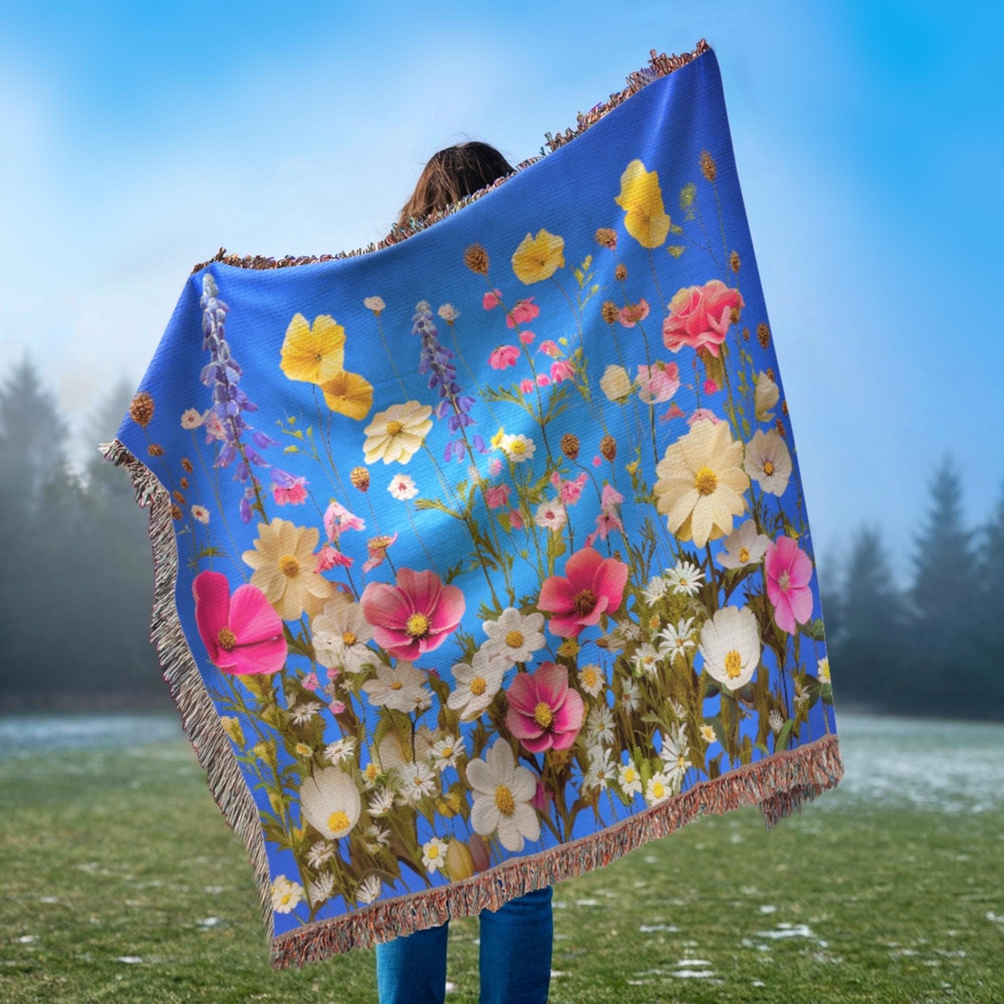 Wildflower Woven Cotton Throw Blanket: Boho Cottagecore Decor