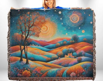 Boho Landscape Woven Cotton Blanket: Magical Fringe Tapestry