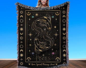 Pisces Zodiac Personalized Blanket: Custom Woven Throw Astrology Decor Gift for Her