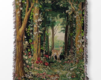 Enchanted Forest Woven Blanket – Cottagecore Nature Tapestry