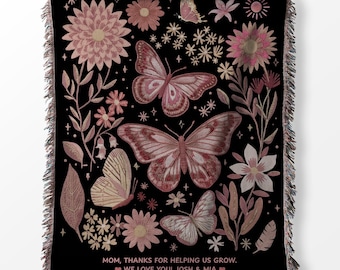 Personalized Gift Blanket for Mom Birthday – Cozy Butterfly Floral Custom Woven Throw