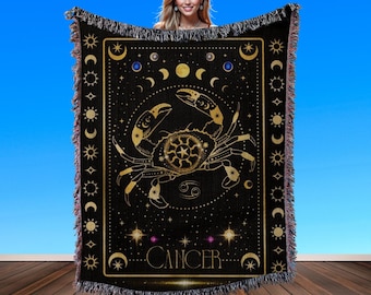 Cancer Zodiac Blanket - Woven Cotton Astrology Tapestry, Celestial Decor