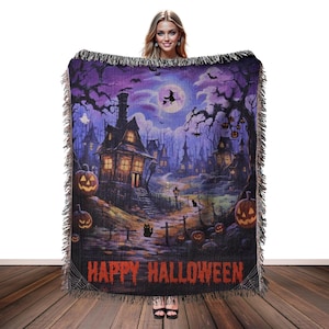 Halloween Blanket Woven Cotton Throw – Spooky Ghost Pumpkin Witch Bat Skeleton Design, Cozy Fall Halloween Home Decor for Couch & Bed