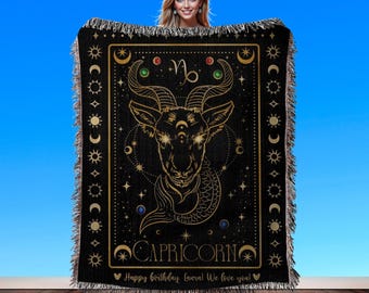 Capricorn Zodiac Personalized Gift Blanket: Custom Woven Star Sign Astrology Decor