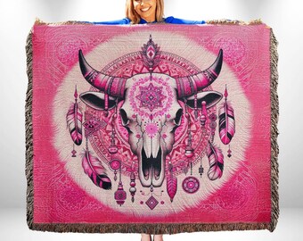Pink Cow Skull Blanket: Boho Southwestern Woven Cotton Throw