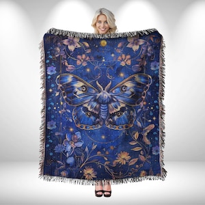 Vintage Floral Moth Woven Throw Blanket: Dark Cottagecore Decor