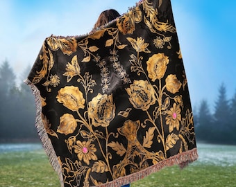 Luxury BOHO Black Gold Floral Blanket: Decorative Sofa Bed Couch Cover, Cozy Bohemian Home Decor