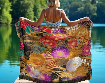 Chiyogami Floral Throw Blanket – Japanese Art Woven Blanket, Home Decor