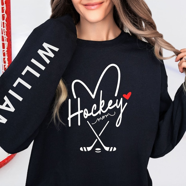 Customized Hockey Mom Sweatshirt with Personalized Name on Sleeves, Unique Gift for Sports Moms, Cozy & Stylish Custom Hockey Fan Apparel