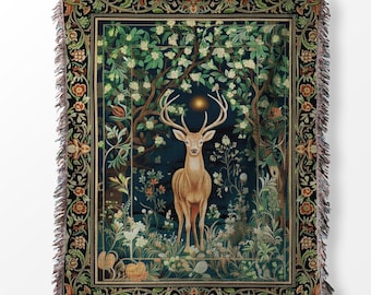 Enchanted Forest Mystic Deer Woven Blanket | William Morris Inspired Fairycore Tapestry Throw