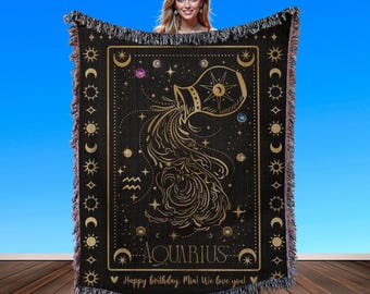 Aquarius Zodiac Personalized Gift Blanket: Custom Woven Throw