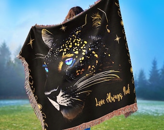 Custom Black Leopard Woven Throw Blanket – Personalized Romantic Anniversary Gift of Love, Cozy Birthday Gift for Her