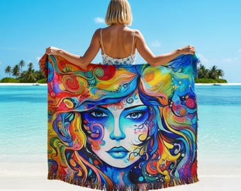 Psychedelic Woman Throw Blanket, Colorful Trippy Art Blanket, Boho Hippie Home Decor