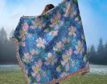 Monet Flowers Woven Throw Blanket – 100% Cotton Art Tapestry