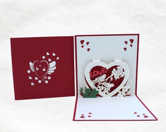 Cartão de saudação de coração de amor 3D com pássaros, romântico, casal, presente, dia dos namorados, cartão de amor feito à mão, cartão feito à mão