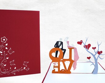 Couple 3D Pop Up Greeting Card, Romantique, Couple, Cadeau, Saint-Valentin, Mariage, Carte Pop-Up Faite à la Main,Carte d'Artisanat