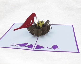 Carte de vœux 3D pop-up Amour Maternel/Paternel - Cadeau, Maman, Papa, Carte Pop-Up Fait Main Nourrissage d'Oiseaux - Carte Artisanale