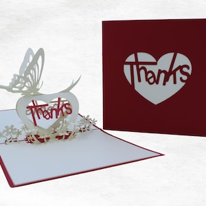 Carte de remerciement 3D Pop Up, Cadeau, Aide, Cœur, Papillon, Gratitude, Carte de remerciement faite main, Carte artisanale