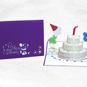 Carte de vœux 3D Joyeux Anniversaire avec Gâteau, Enfant, Fille, Souffler les Bougies, Ballon, Cadeau, Carte d'anniversaire faite main