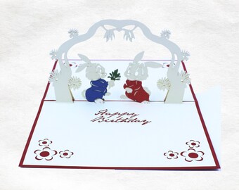 Carte de vœux 3D Joyeux Anniversaire Lapin, Lapin, Couple, Cadeau, Carte d'anniversaire faite main, Carte de quilling, Carte artisanale