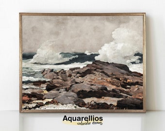 Rocky Beach Vintage Painting | Sea waves watercolor art / PRINTABLE Home decor / Muted colors Ocean shore old artwork | #32