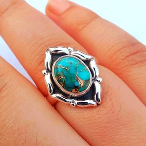 Anel de cobre turquesa feito à mão: anel com pedra preciosa de prata esterlina 925